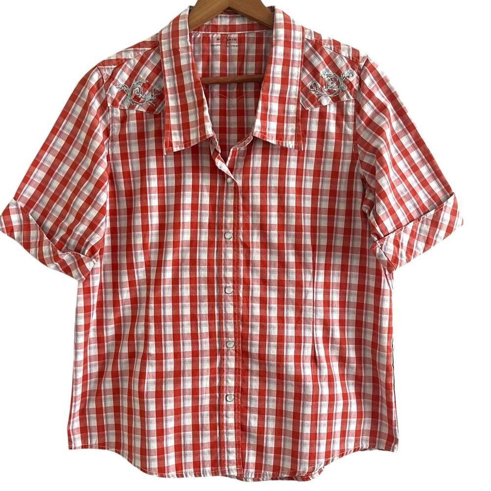 Bit & Bridle Pearl Snap Shirt M Plaid Western Top Embroidered Cowgirl Ranch